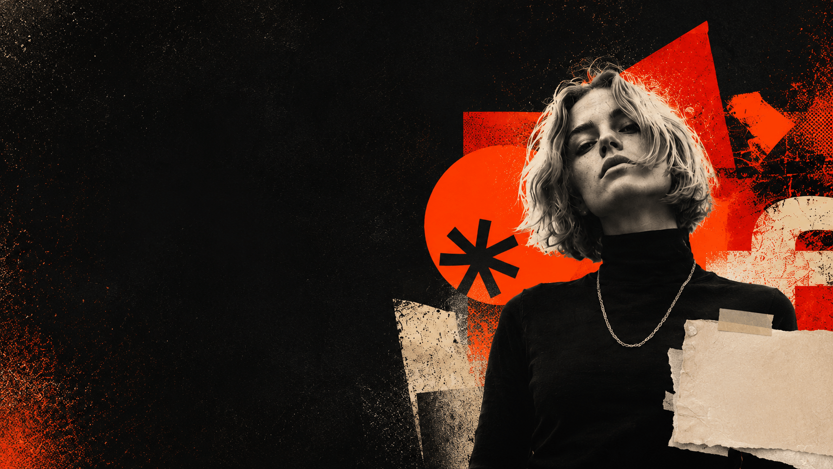 Portrait of a founder in a black turtleneck against a collage of red-orange shapes, torn paper, and a black asterisk