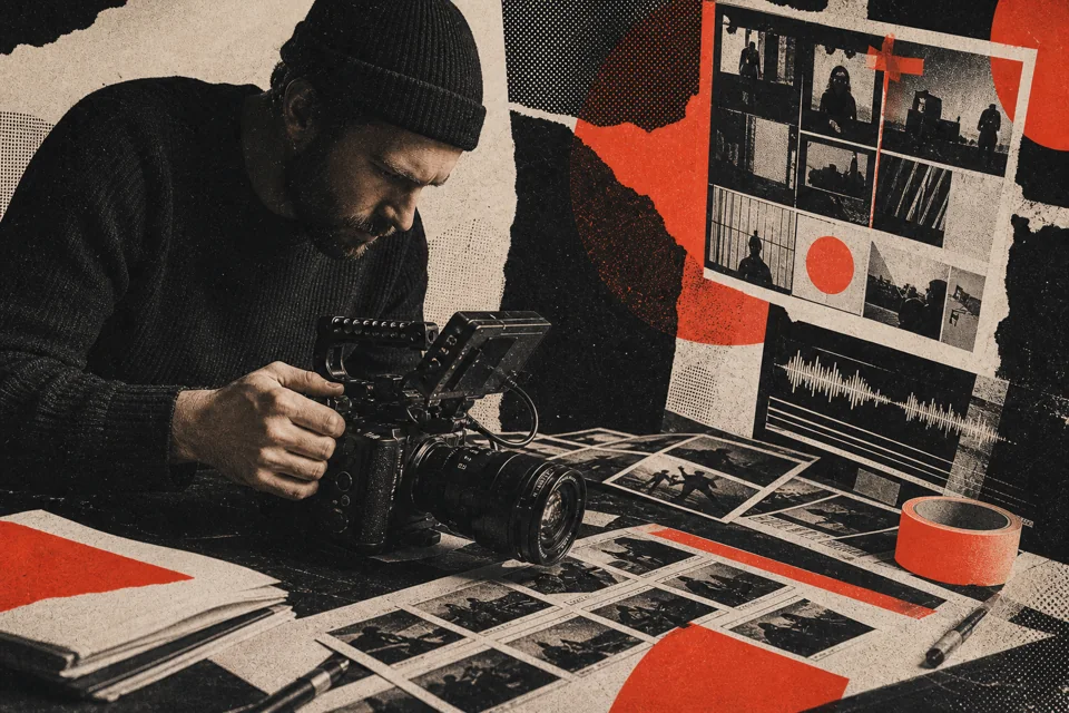 Camera and production notes arranged on a studio table
