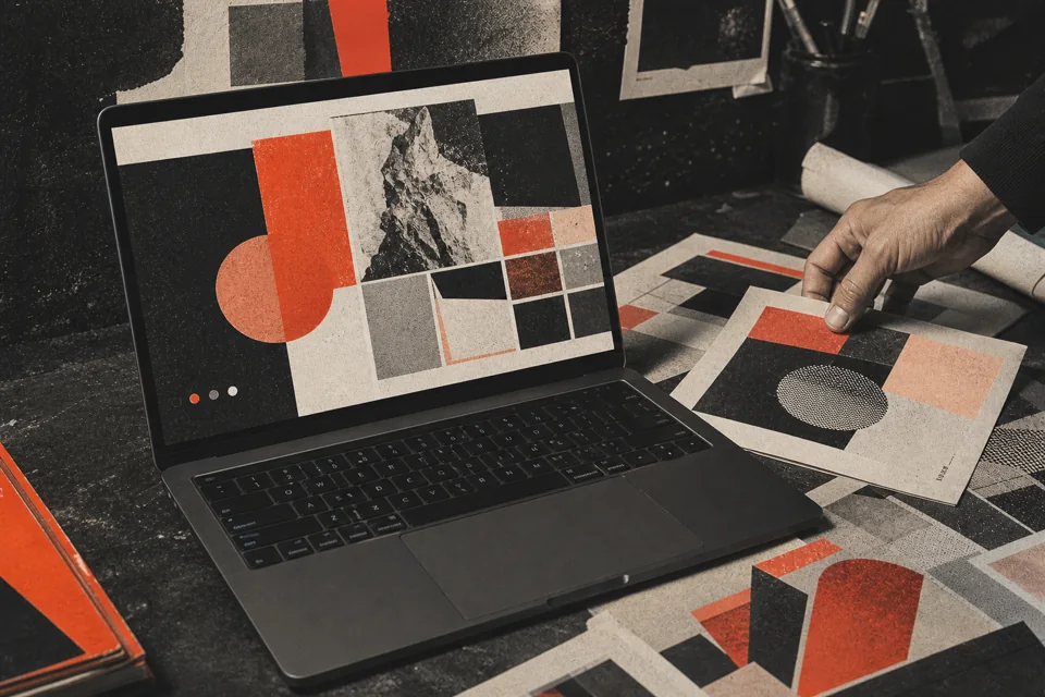 Laptop displaying an editorial website composition beside printed layout studies